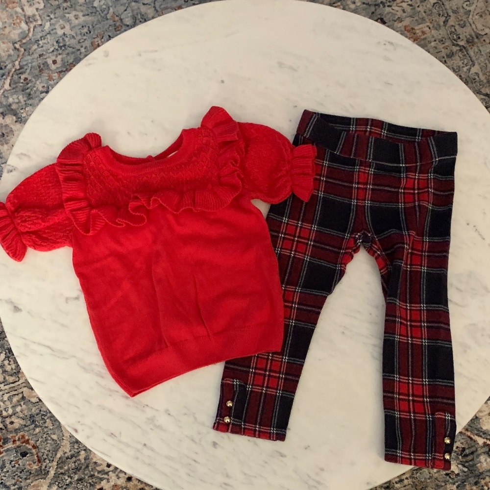 Janie & Jack Red Ruffled Sweater and Plaid Leggings Set